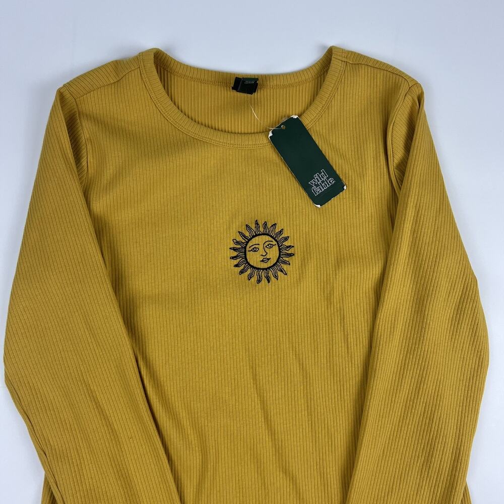 WILD FABLE Women XL Sheath Dress Knit Mustard Yellow Embroidery Celestial Sun